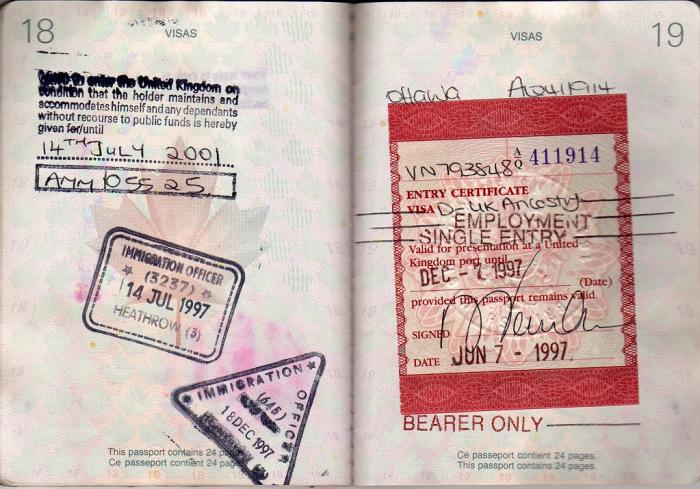 Stamps in a passport, including a no recourse to public funds stamp