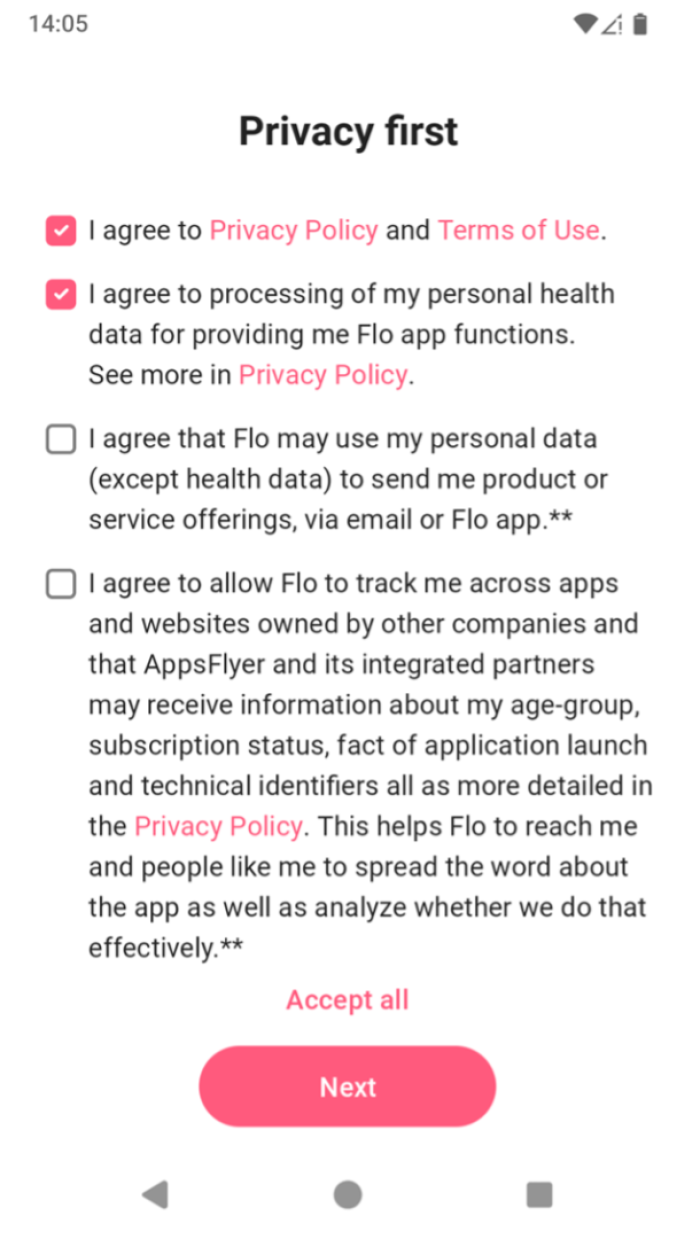 In-app screenshot of Flo's privacy agreements for the user. I agree to Privacy Policy and Terms of Use and I agree to processing of my personal health data are checked. I agree that flo may use my personal data (except health data) to send me product or service offerings and I agree to allow Flo to track me across pps and websites etc are not checked.