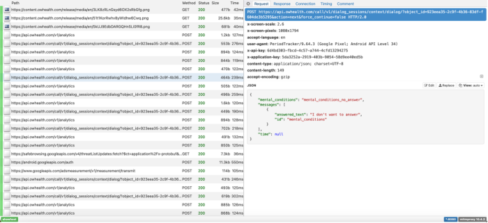 Screenshot of Flo data in the DIE of answers provided to the chatbot - the body of the response includes "mental_conditions_no_answer"