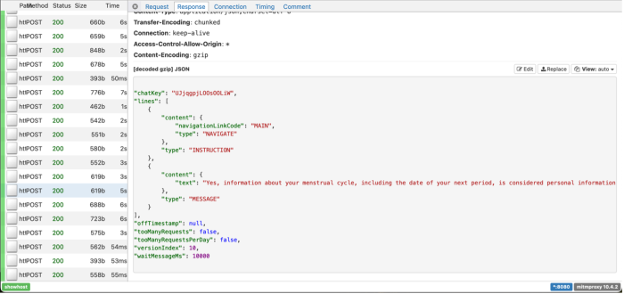 A response to the above intercepted using the DIE; it includes a "text" message reading: Yes, information about your menstrual cycle, including the date of your next period, is considered personal information