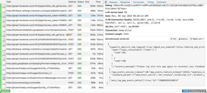 A response from graph.facebook.com captured by the DIE which includes a "recover_message":"Please log into this app again to reconnect your Facebook..." 