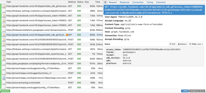 A request to graph.facebook.com that includes entries such as an access token, and fields - which is marked as gatekeepers