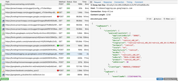 A request to firebaselogging-pa.googleapis.com intercepted by the DIE which includes information marked as "clientInfo" including applicationBuild, country, device, fingerprint, hardware, locale, manufacturer, sdkVersion, and others.