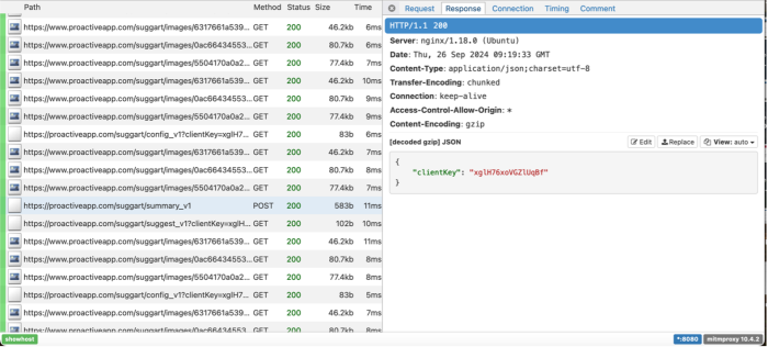 Logs intercepted by the DIE, one proactiveapp.com response is highlighted. The only information in it is a "clientKey"