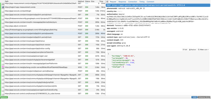 A gapi.wocute.com request captured by the Data Interception Environment it includes Birthday, cycle length, initial cycle length, and others