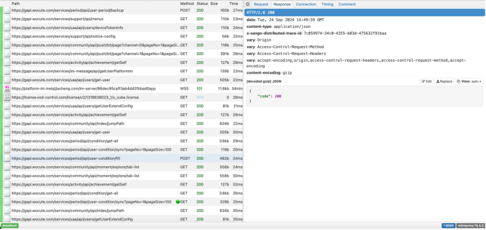 A response from the Wocute API - it just reads "code": 200