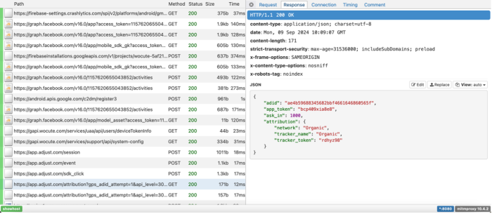 A response from Adjust intercepted by the DIE which includes an adid, an app_token, a tracker_token, and more