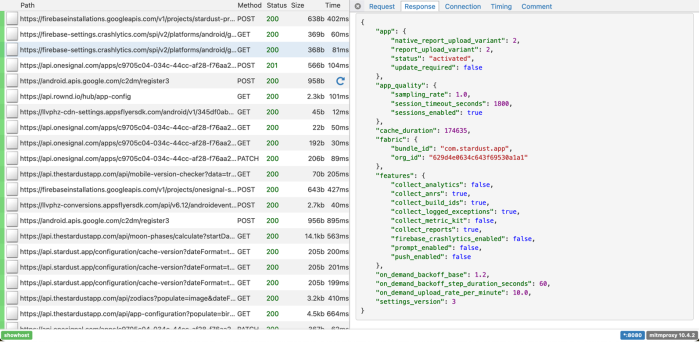 A response from firebase-settings.crashlytics.com including features such as "collect_analytics": false, "collect_anrs": true, "collect_build_ids": true 