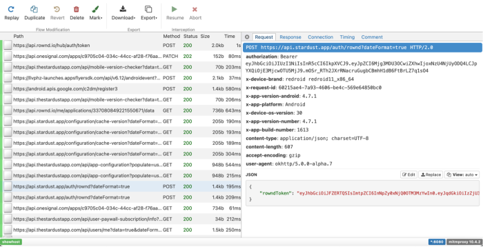 A Stardust API request intercepted by the DIE it includes is a 'rowndToken'