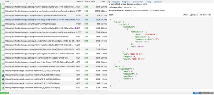 An response from the Stardust API including date, temperature unit and value, cycle end date, cycle length, and more  