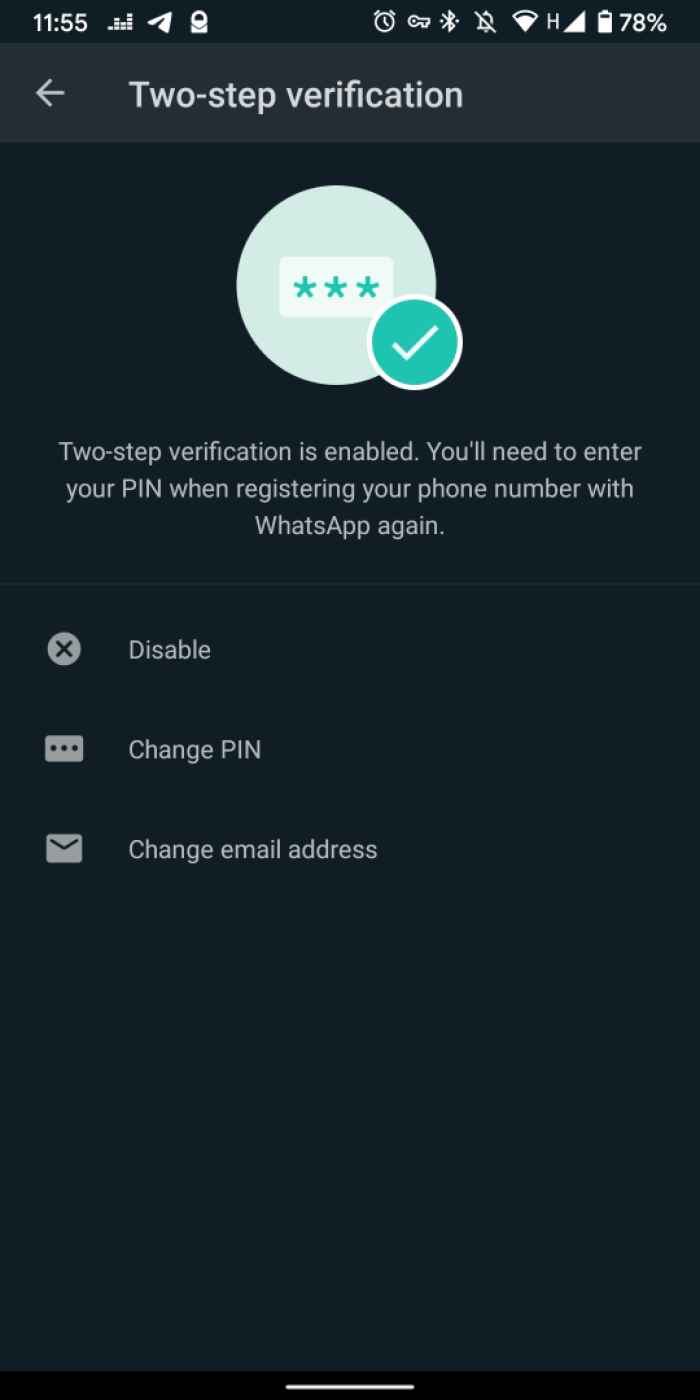 Two step verification settings
