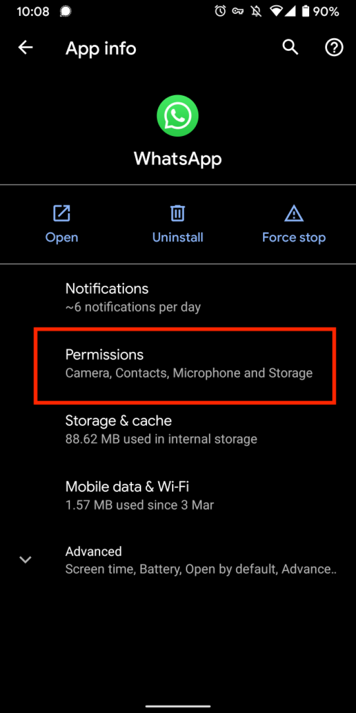 WhatsApp permissions on Android