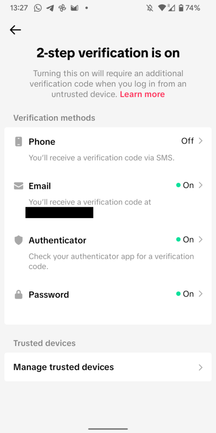 TikTok 2FA menu (2/2)
