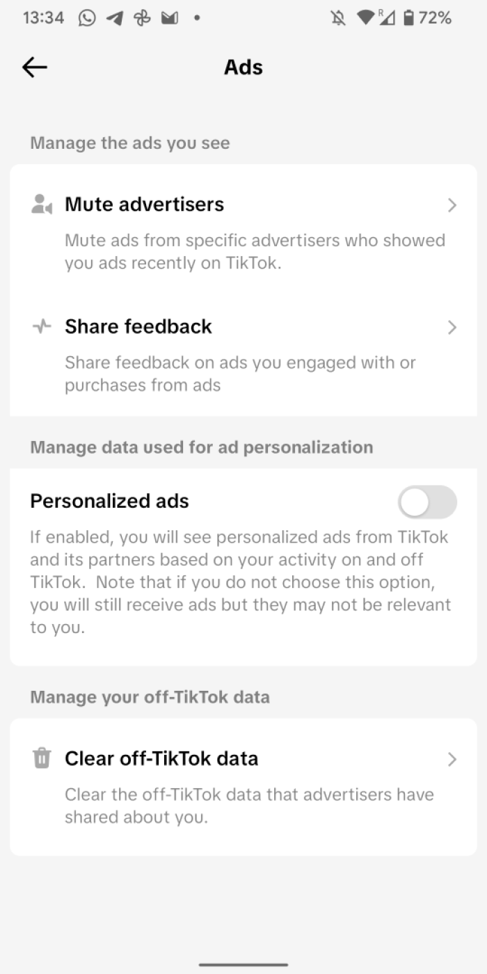 Minimising personalised ads on TikTok