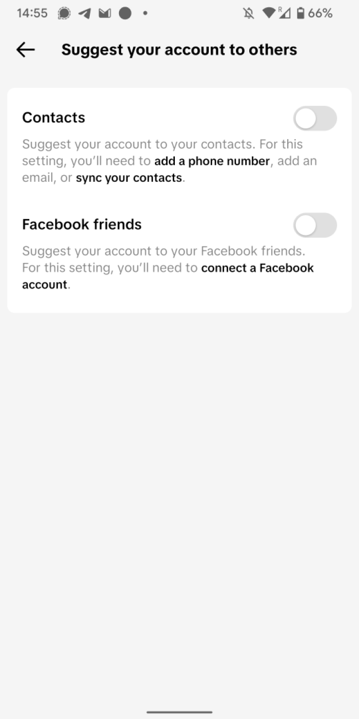 TikTok "Suggest Your Account to Others" Menu