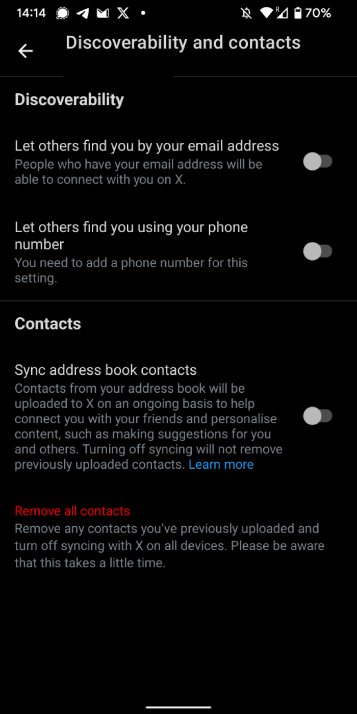 X Discoverability Settings Screenshot