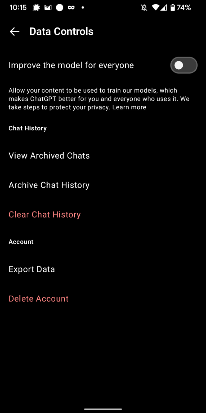 ChatGPT Data Controls screen