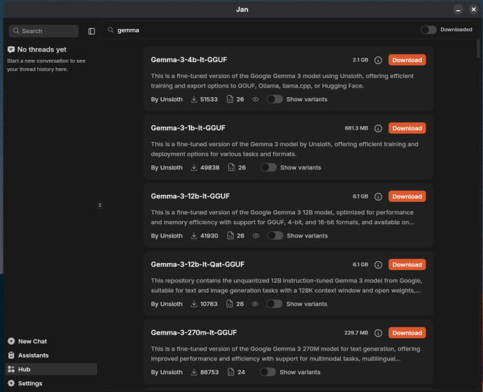 Jan hub - search and download a model