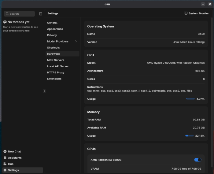 Jan settings - check if the GPU is active