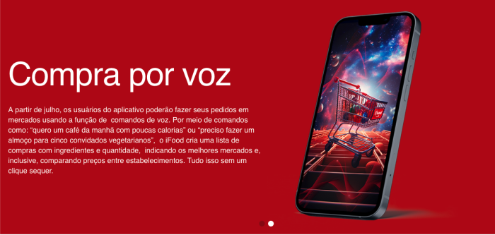 Screeshot of ifood website entitled Compra por voz includes an image of an iphone screen with a picture of a shopping cart in space
