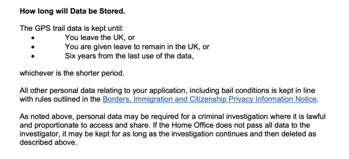Screenshot of the Home Office, Satellite Tracking Services Privacy Information Notice, GPS TAGGING EXPANSION PILOT, September 2024