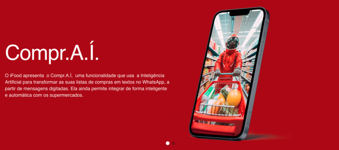 Another screenshot of iFood website entitled Compr.A.Í featuring an iphone with an image of an astronaut with a shopping cart