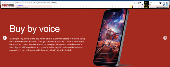 Translated version of above screen shot of iFood website from Wayback Machine from 7th December title now reads Buy by voice