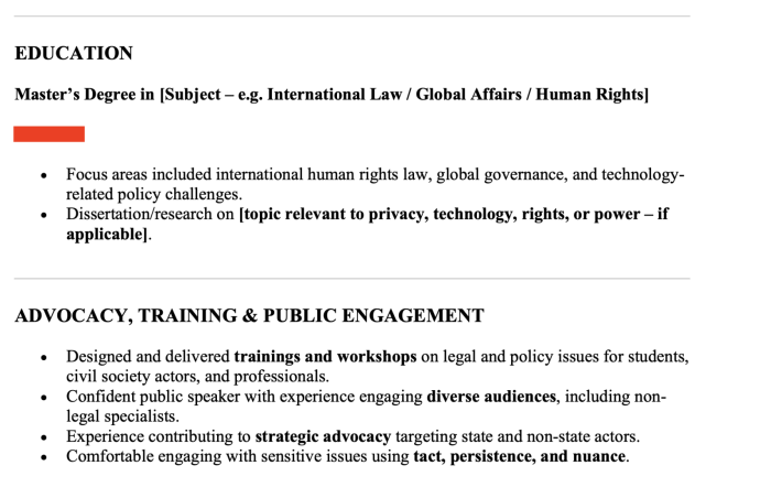 Figure 7. Excerpt of our ChatGPT-generated CV for the Legal Officer position (we’ve redacted personally identifying information in red).