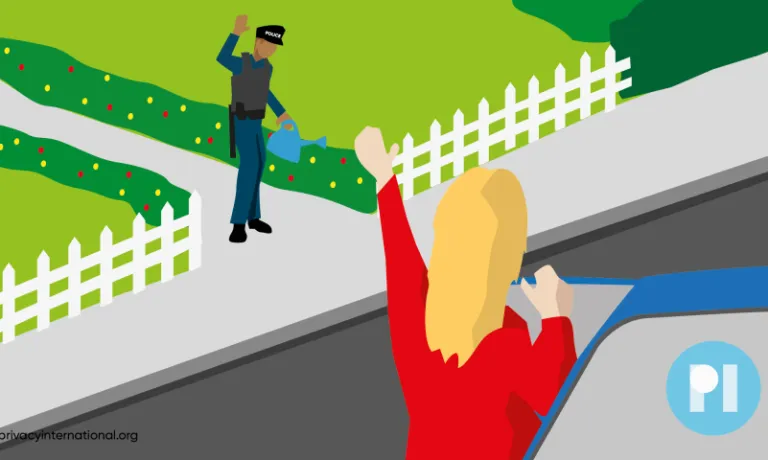 person dressed as police officer greeting neighbour