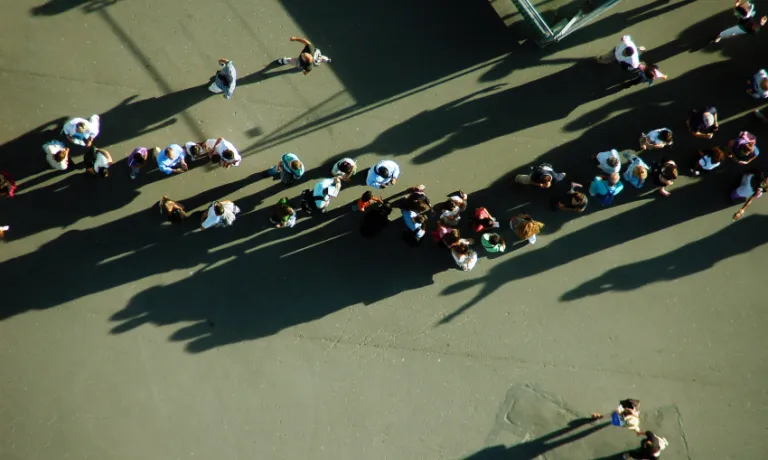aerial view people in queue