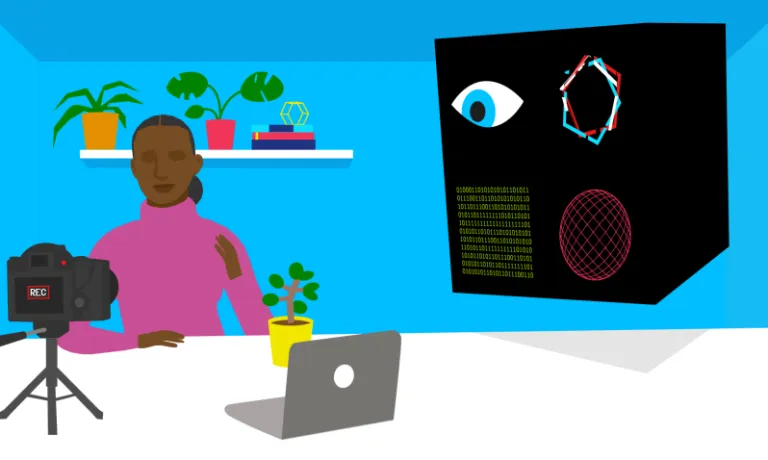 A black female content creator at her desk in front of a camera with an ominous black box with data points and an eye on one face looking at her behind her shoulder
