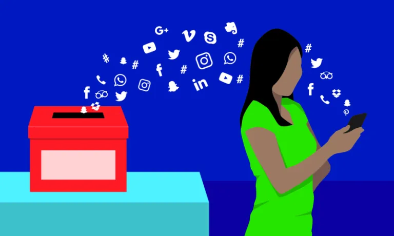 Drawing showing woman's phone information going into the ballot box