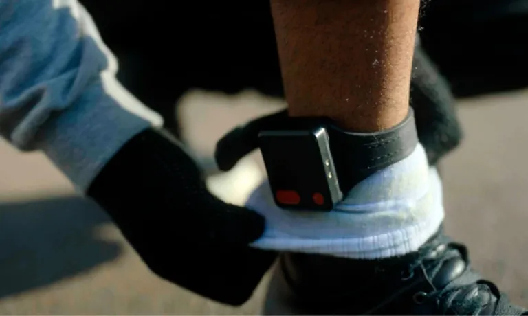 Photo of a GPS ankle tag on someone's leg
