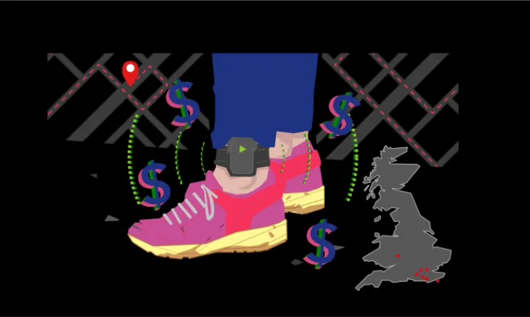 Drawing of an ankle tag on an ankle alongside a map of the UK with data points, and dollar signs around