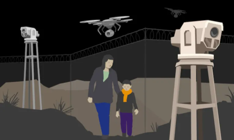 illustration of mother and child being spied on by drones and camera