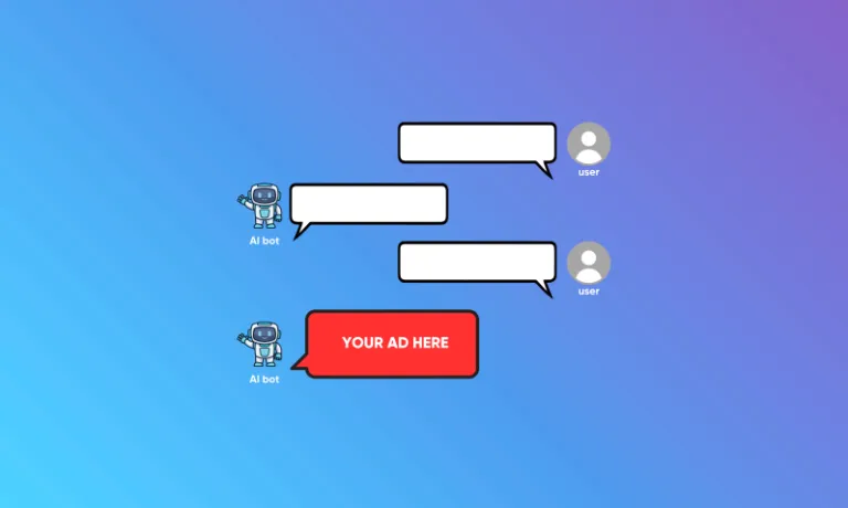 Mock-up AI chatbot conversation between a human user and an AI chatbot over a gradient blue/purple background with white text boxes and a red text box from the AI bot that says 'Your Ad Here.'