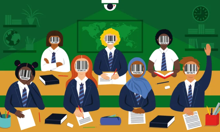 Cartoon children sitting in a green classroom under a camera, they have barcode faces