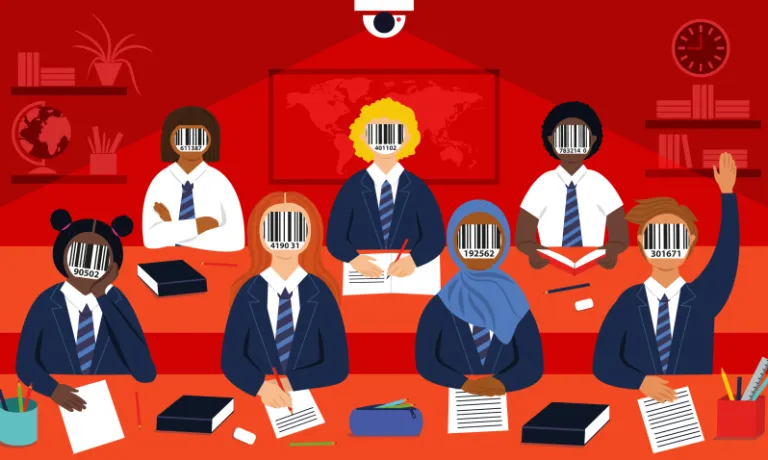 Cartoon children in an ominous red classroom under a camera, they have barcodes for faces
