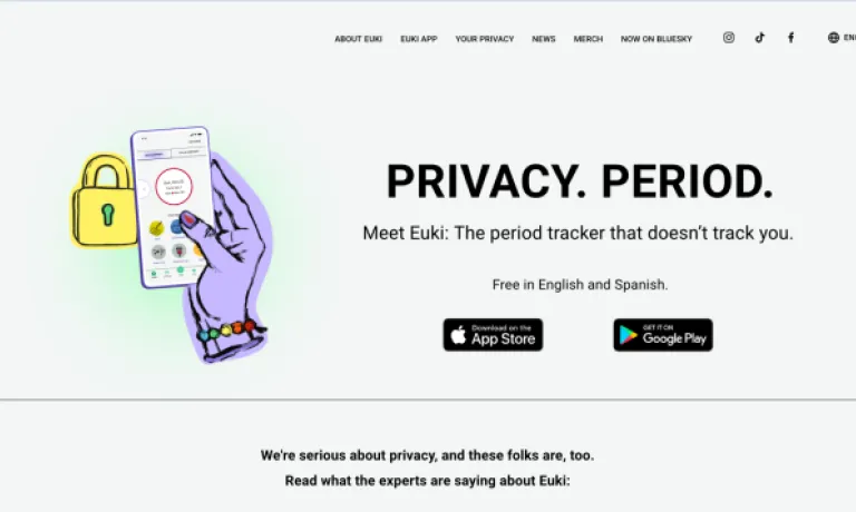 Screenshot of Euki's website - it's advertising the period app, it's headline reads Privacy. Period.