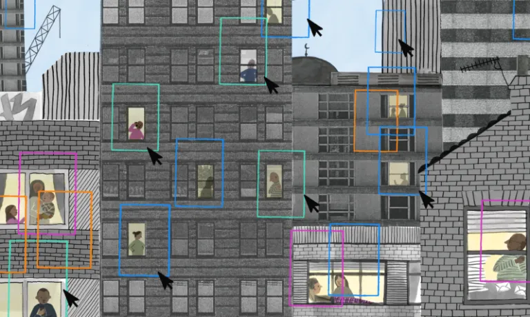 Building blocks are overlayed with digital squares that highlight people living their day-to-day lives through windows. Some of the squares are accompanied by cursors.