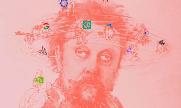 A red-toned illustration shows a man's head surrounded by swirling AI icons, with small, mischievous witch-like figures flying around him. The man's expression appears disoriented and fatigued, symbolizing the mental overload caused by the overwhelming flood of AI tools and news. The witches represent the chaotic, cackling nature of rapid AI developments, adding to the sense of dizziness and confusion.