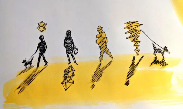 Gold and black sketching of people and dogs symbolising data