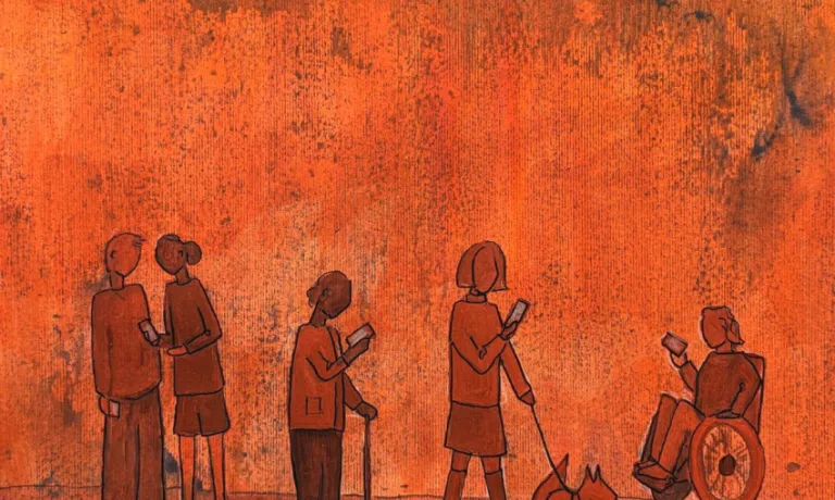 Five people and a dog are seen outlined in orange, against an orange background. Two of the people talk to each other, one stands along with a stick, one walks a dog, and the other is in a wheelchair. All of them look at their mobile phones intently, and all cast shadows on the ground. The shadows are made up of network diagrams, being representative, rather than literal shadows.