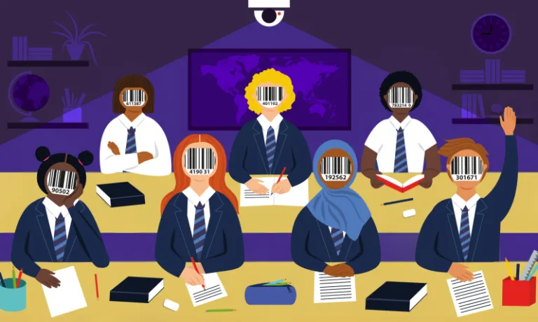 Cartoon children in an ominous red classroom under a camera, they have barcodes for faces