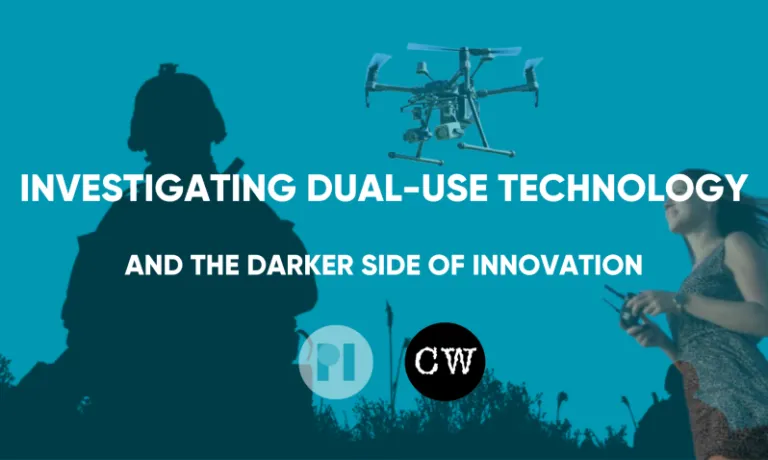 Image collage of drone, military personnel, and woman with remote