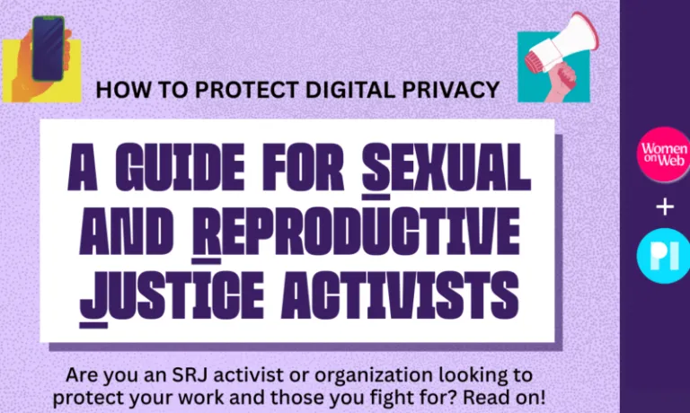 Cartoon image of a phone and a megaphone, the logos of PI and Women on Web