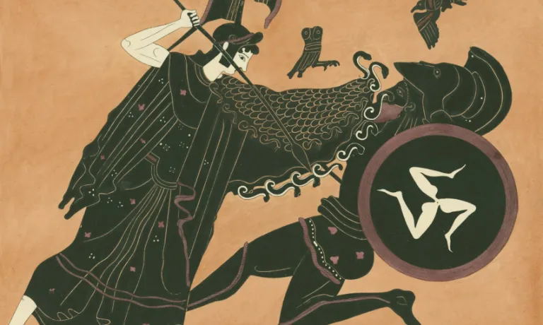 Ancient greek figures in combat with birds overhead