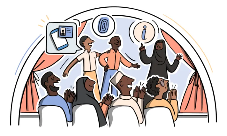 Illustration (in blue, peach, yellow, and brown colours) of a theatre performance: three people standing on a stage with curtains, speech bubbles coming out of their mouth, containing illustrations of a fingerprint, an "i" for information, and an ID card; four people in sitting on chairs in the audience clapping.