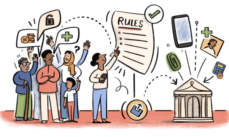 Colourful illustration of people with speech bubbles containing images of a security lock, a green cross, and coins; next to the people a document with "rules" and a courthouse with illustrations of a fingerprint, a phone, a calculator and a medical ID document above it.
