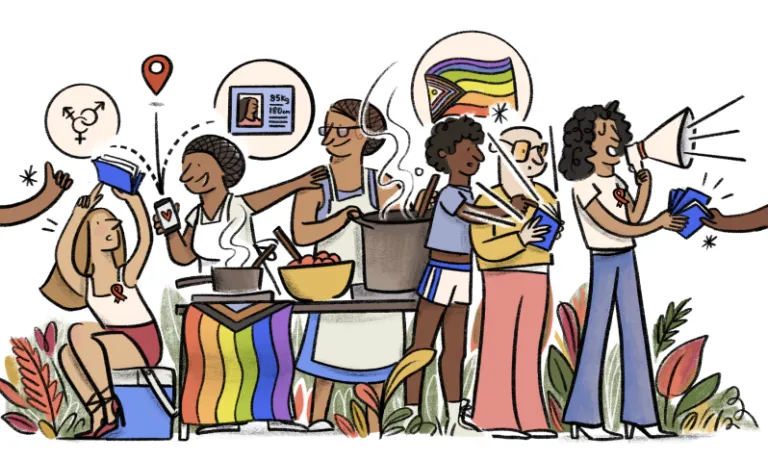 Colourful illustration of people standing around community kitchen